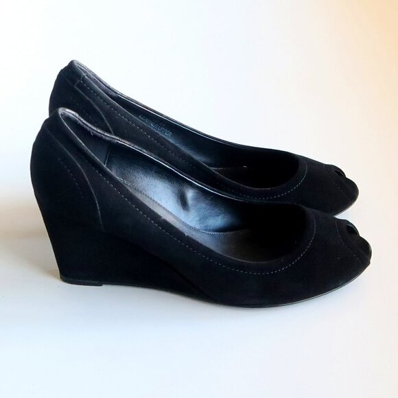 J. Crew Black Suede Leather Peep Toe Wedge Heel Sandals / Dress Shoes Size 8 - Picture 1 of 15